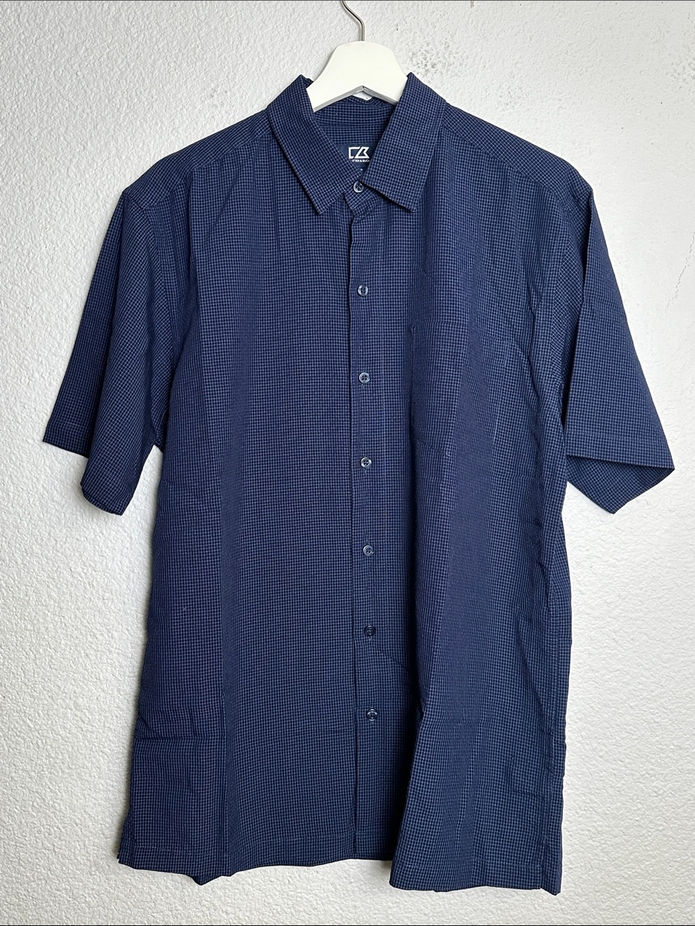 Cutter & Buck Navy Checkered Shirt Short Sleeve Button Down Mens Small
